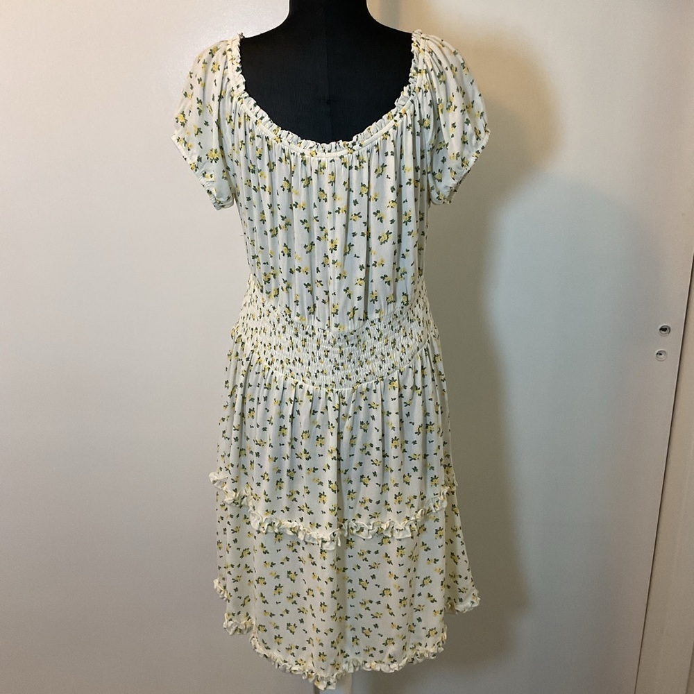 Justily Cream Green Floral Smocked Midi Sundress 1X Flutter Sleeve Cottagecore - Picture 7 of 7